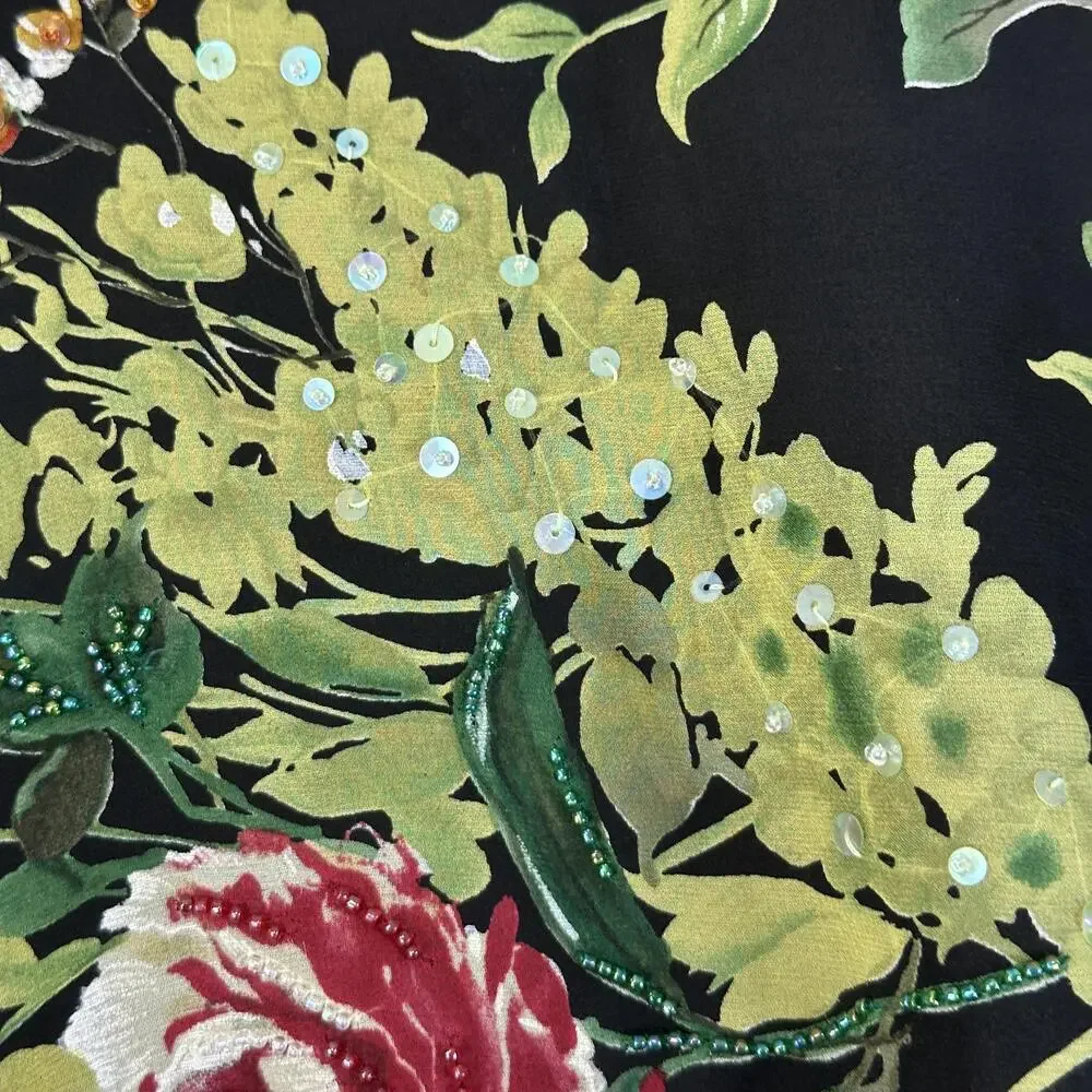 Kay Unger Silk Scarf Womens Black Chiffon Beaded Rose Floral Fringe 80